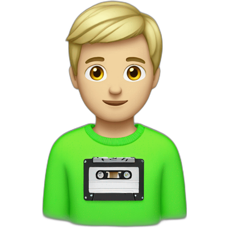 white boy in neon green sweater with cassette in his hand emoji