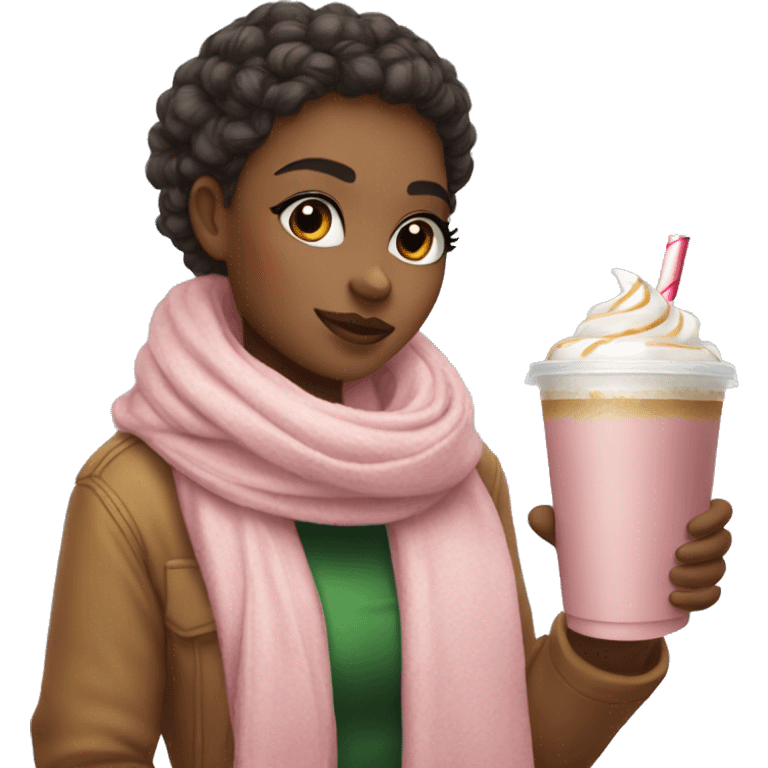 A girl with a cute pink scarf drinking an iced latte with Christmas vibes  emoji