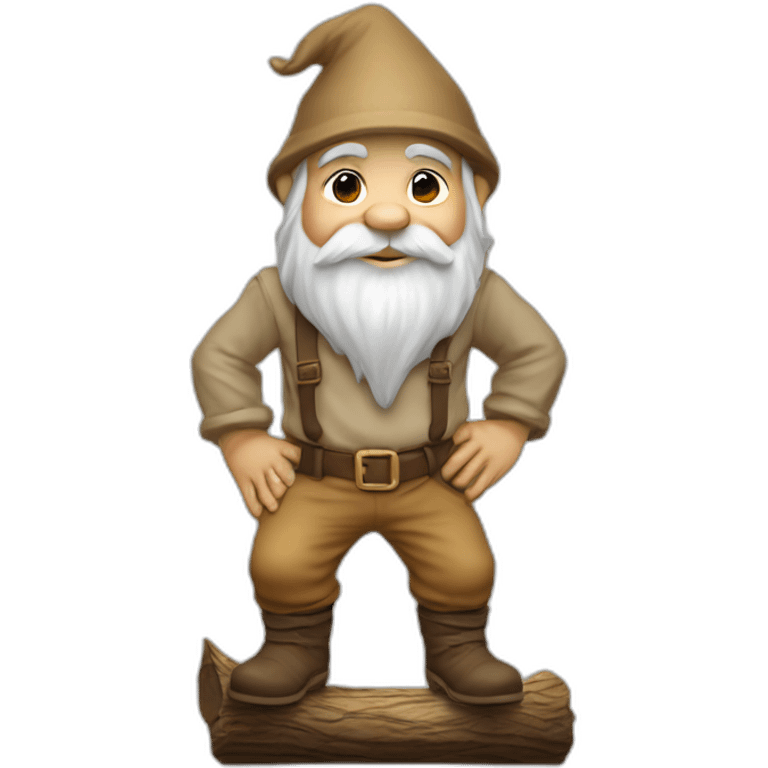 side view of gnome with light tan pants and light tan boots squatting above small brown log emoji