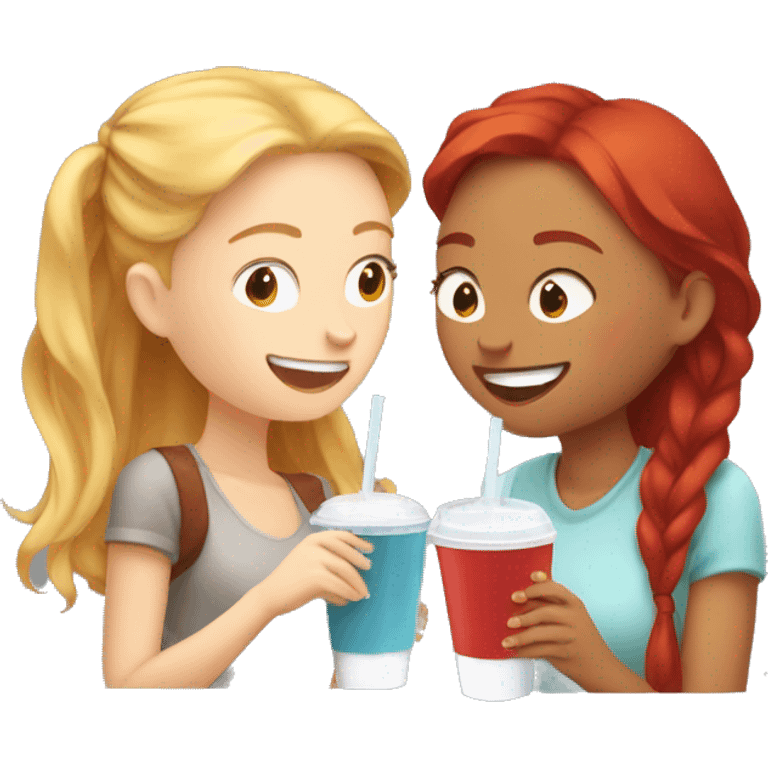 Blonde girl and red hair girl secretly giggling together drinking iced coffees  emoji