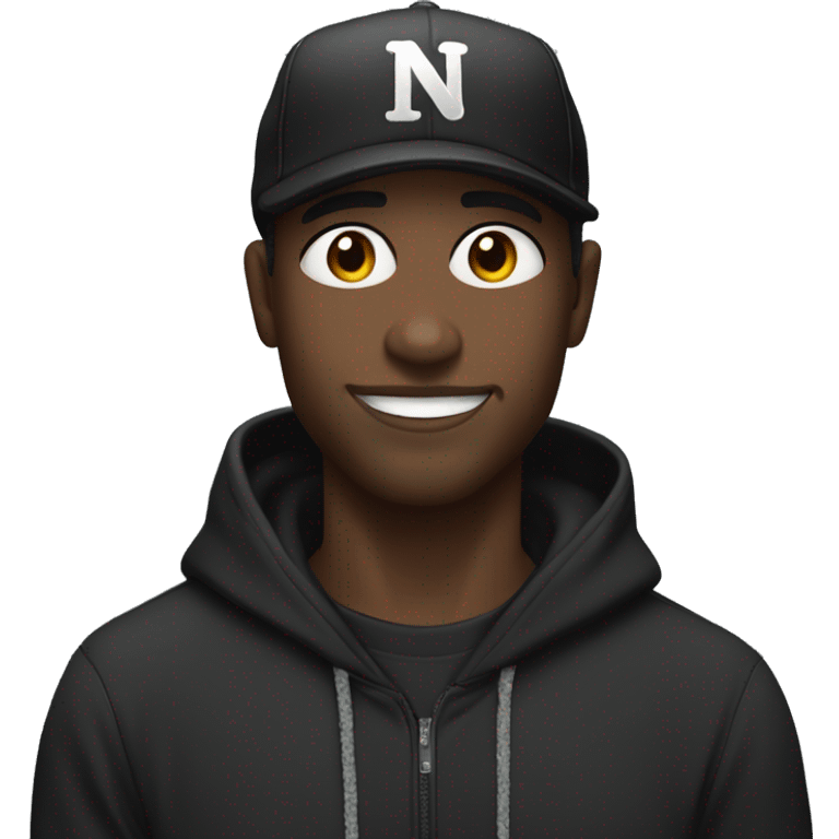 Black Man Wearing a black cap and hoodie, he grips the mic with a relaxed expression. His wide-eyed look and easy smile make him approachable, bringing a laid-back vibe to his performance. emoji