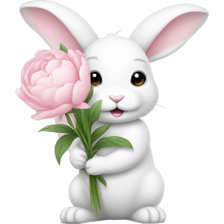 cute white bunny holding light pink peonies emoji