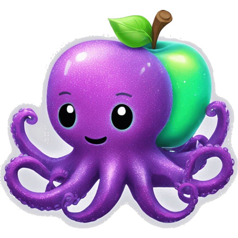 Neon glitter kawaii octopus holding neon apple  emoji