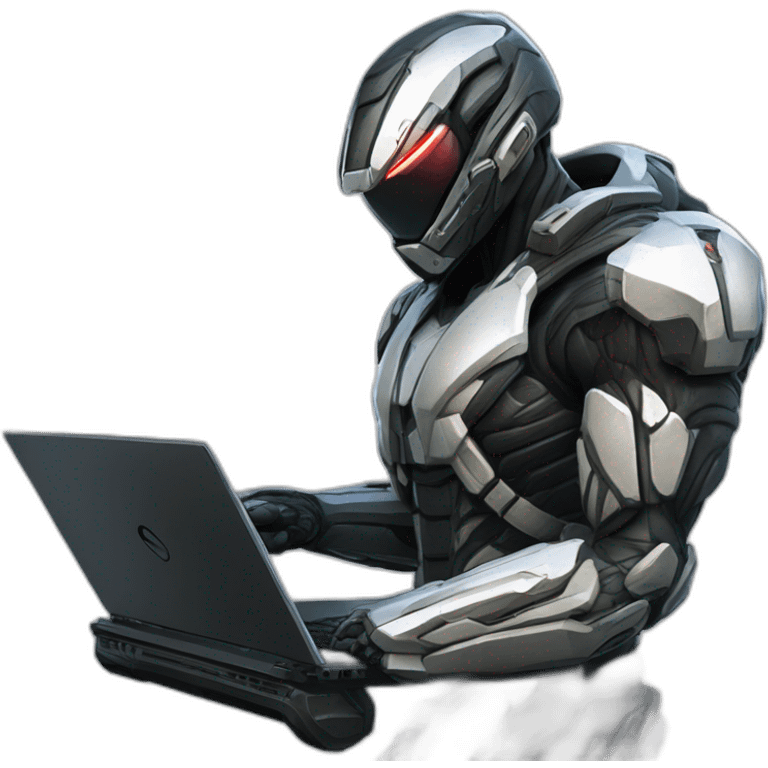 Side view developer behind his laptop with this style : Crytek Crysis Video game with nanosuit hacker themed character emoji