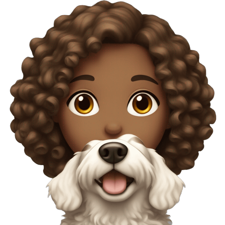 Girl with brown eyes and brown curly hair holding fluffy white dog  emoji