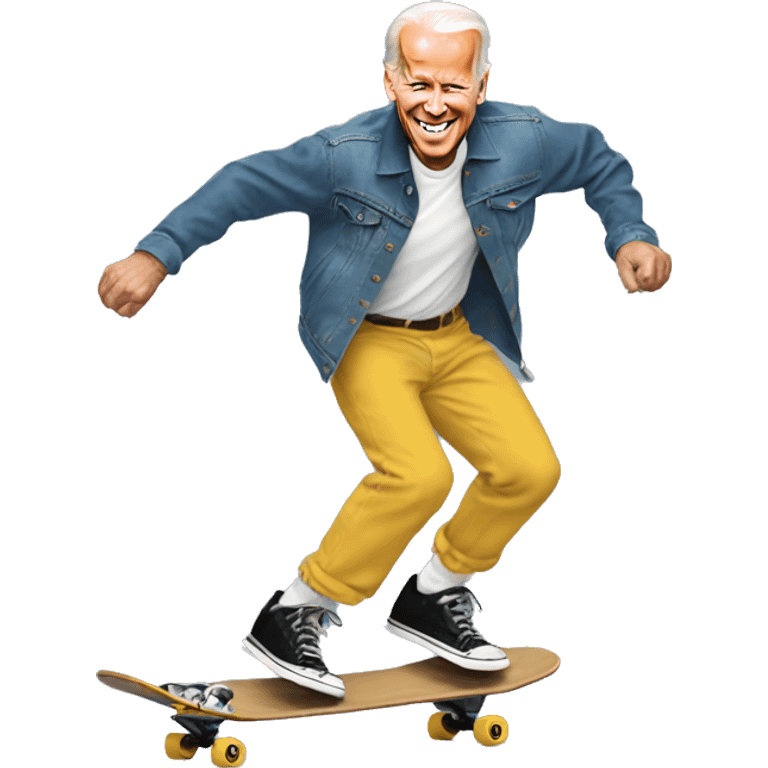 Joe Biden skateboarding with smiley face T-shirt and a denim jacket  emoji