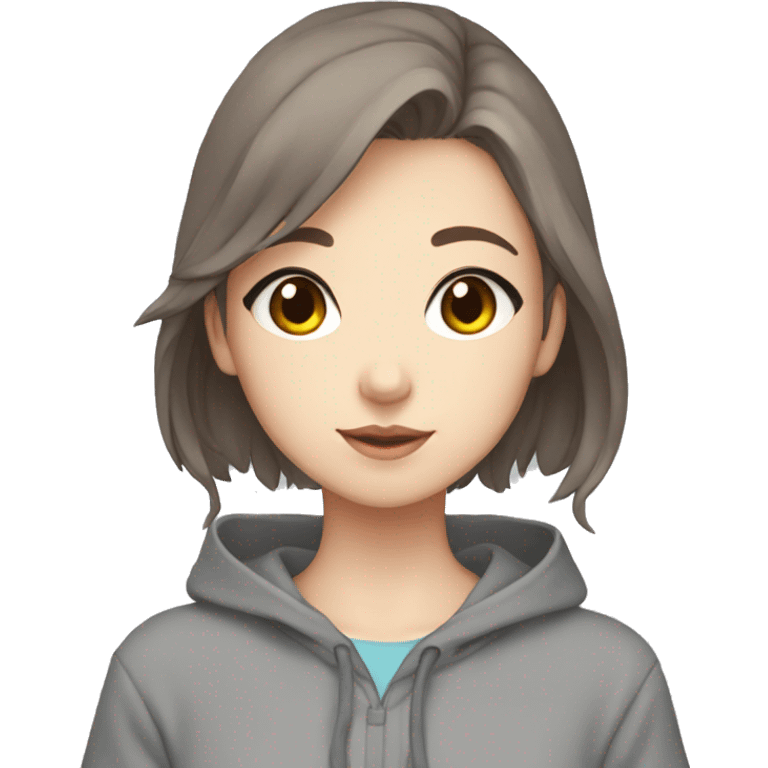 anime girl with brown hair, blue eyes grey hoodie, and a ducky hair clip emoji