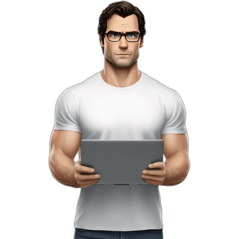 front view of henry cavill clark kent wearing white t-shirt using a laptop emoji