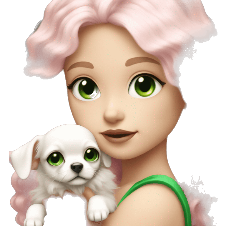 pale blond yt girl with wavy long platinum white hair with bright green eyes holding a white chihuahua puppy that wearing a pink bow emoji