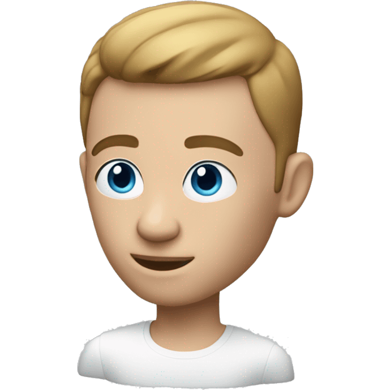 a white memoji man with a french crop behind a laptop with blue eyes emoji