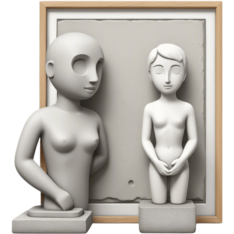 Plaster sculpture and concrete sculpture, small and large, standing side by side, simple and textured, sculpting tools nearby, minimalistic, on a white background, no extra details. emoji