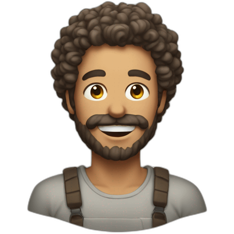 A man with a chin beard' face and curly hair with a piece of asado out of his mouth emoji