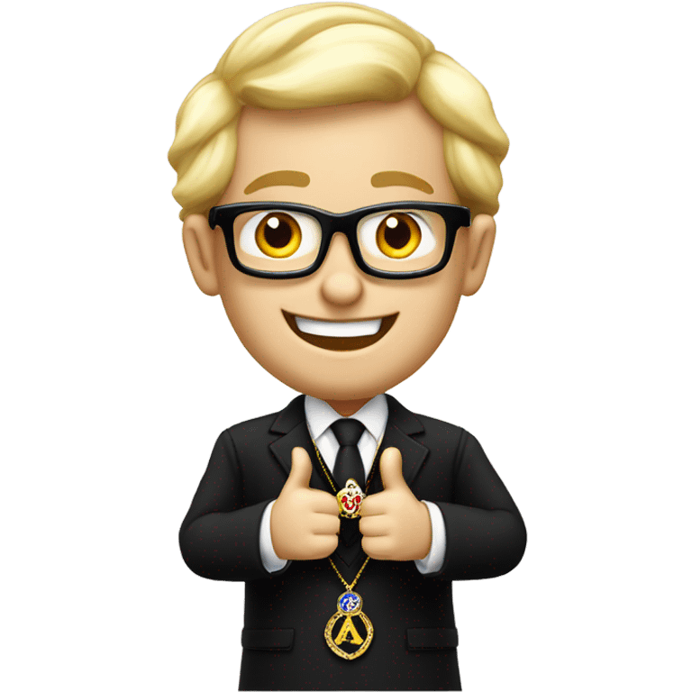 A modern blond , wearing glasses, English Freemason in a black lounge suit, giving a thumbs up , and smiling. He is wearing a Masonic jewel and medal.  emoji