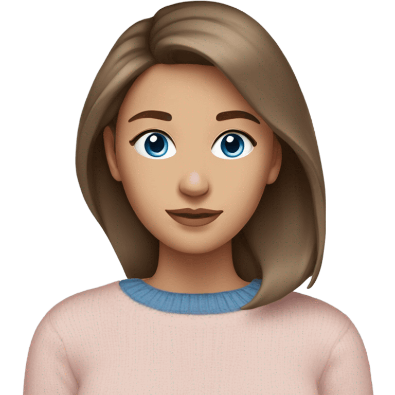 A beautiful young woman with blown out brown hair and blue eyes wearing a stylish light pink sweater emoji