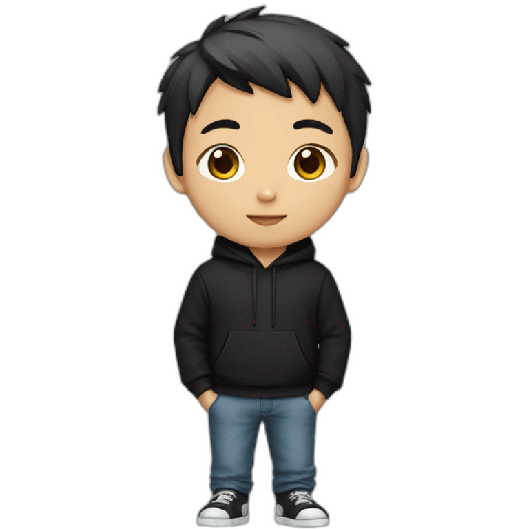 asian boy with short hair wear black hoodie with unique print emoji