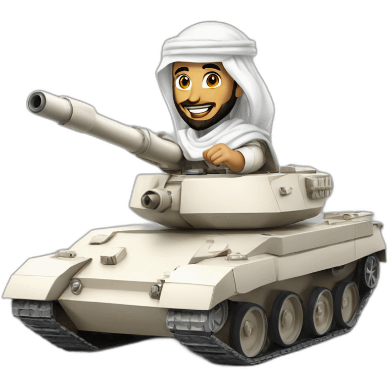 prince from Saudi Arabia with a beard in a white  shemagh national headdress riding  on a tank, smiling emoji