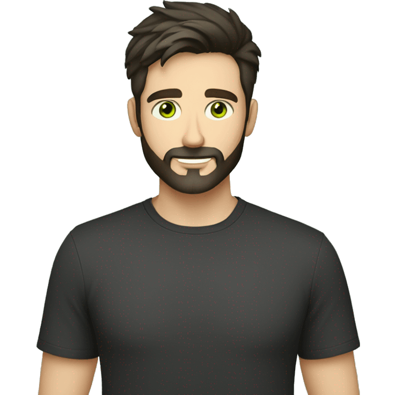 Handsome man with dark hair, holding an cup of coffee, gradient short hair on the side, green eyes. Thin face. Black t-shirt. A little beard. emoji