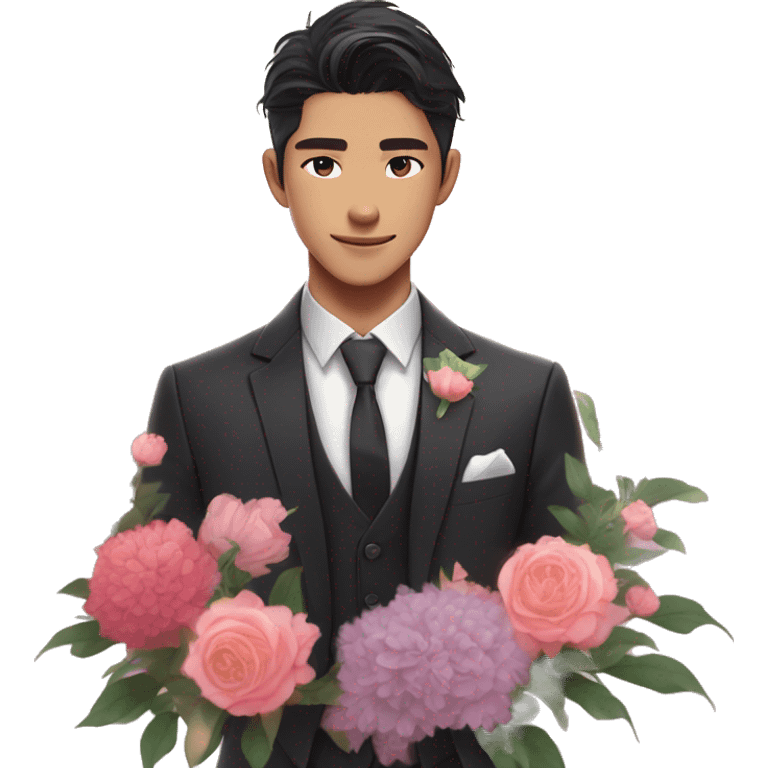 Gorgeous romantic anime style Asian formal modern gentlemanly guy with flowers and blushing face aesthetic trending style outside with colorful gradient colors emoji