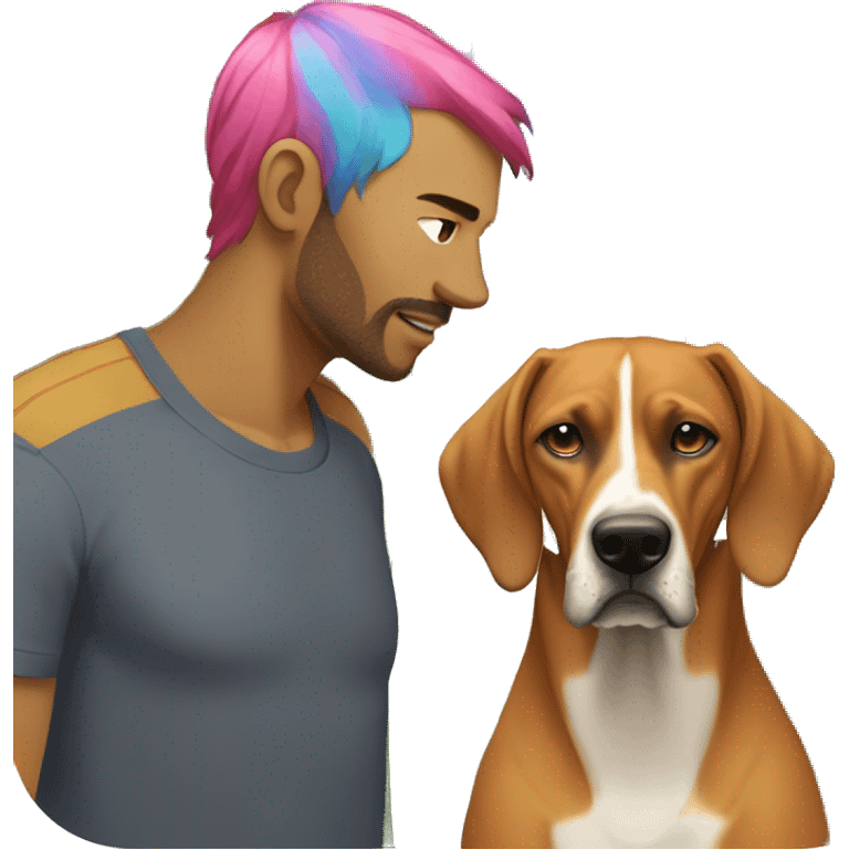 white male with long rainbow colored hair standing alongside a brown rhodesian ridgeback emoji