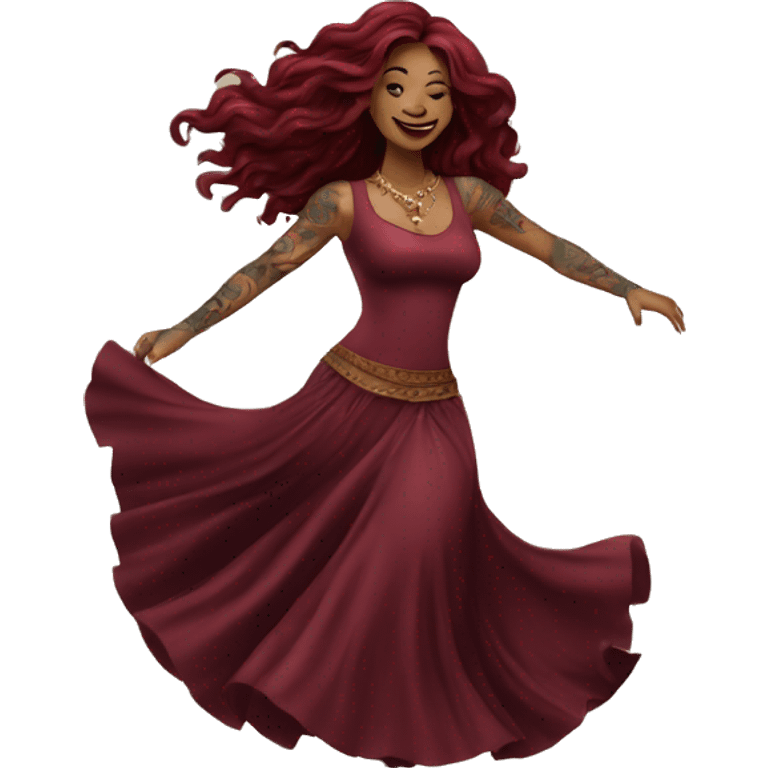 Beautiful tattooed burgundy long haired woman dancing emoji