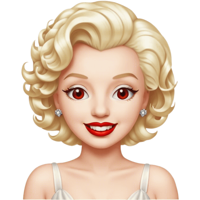 Cinematic Realistic Marilyn Monroe Emoji, featuring a glamorous, high-detail portrayal of the legendary Hollywood star. Her iconic platinum curls, radiant smile, and signature red lips are illuminated by dramatic, vintage-style lighting, evoking the timeless allure of classic cinema. emoji