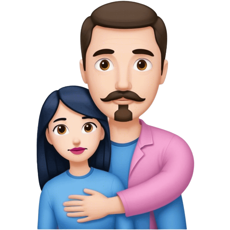 Tall white man with brown mustache goatee wearing blue hugged by a short pale woman with long black hair wearing pink emoji