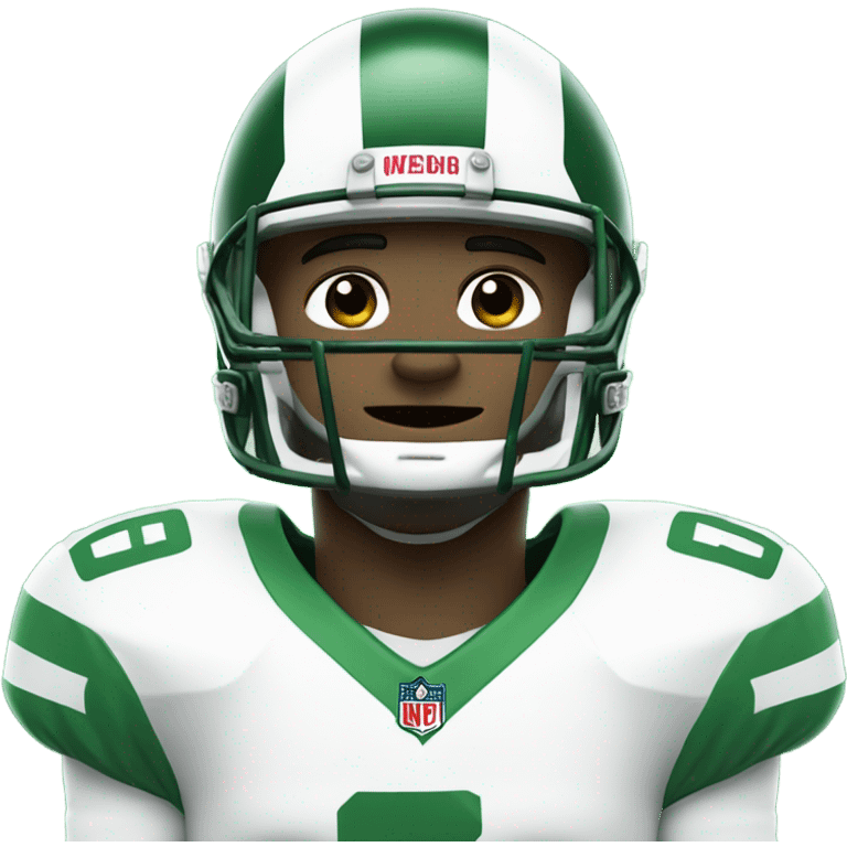 Football player with a green jersey, white accents numbered 67 and a white helmet emoji