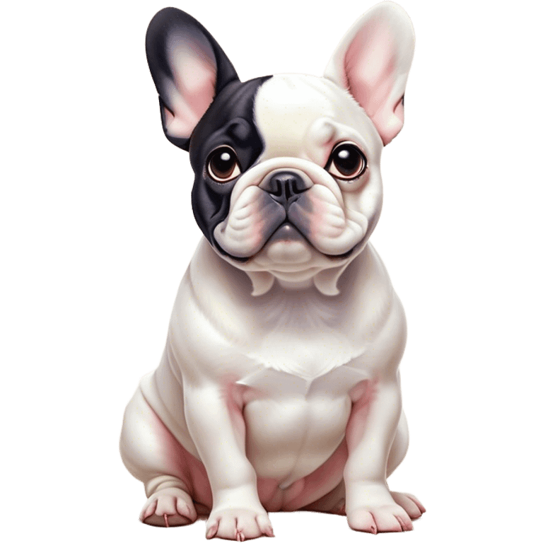 Cinematic Noble Pied French Bulldog Portrait Emoji, Radiating regal yet playful charm, with a distinctive pied fur of contrasting hues and a sculpted, expressive face featuring gentle, wise eyes and a confident stance, simplified yet artistically detailed, glowing with a soft, sophisticated radiance, high shine, exuding intelligent nobility and refined flair, soft glowing outline, capturing the essence of a noble Pied French Bulldog that embodies both strength and grace! emoji