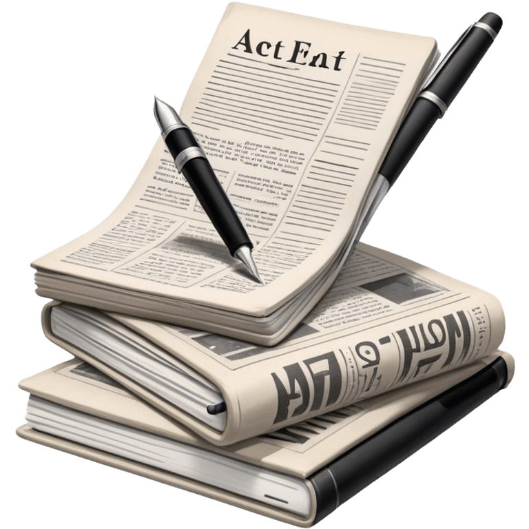 Create an emoji representing journalism and publicistic writing. The design should feature a stack of newspapers, an open notebook with visible text, and a single fountain pen placed near the notebook, symbolizing the act of writing. Use neutral, professional colors like black, white, and muted tones to convey a sense of seriousness and intellect. Do not include any emojis or smiley faces. Make the background transparent. emoji