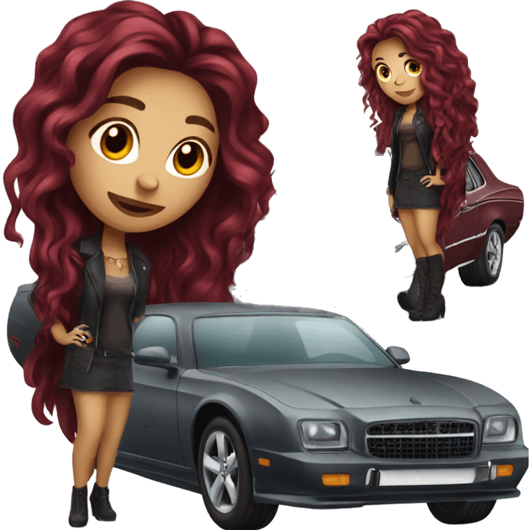 Beautiful tattooed burgundy long haired woman standing next to a car emoji