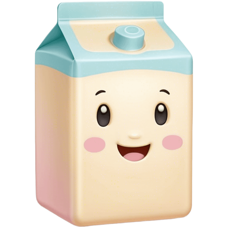 Cinematic adorable milk carton, soft pastel colors, tiny rounded edges, chubby smiling face, warm glowing highlights, gently tilting in a playful pose. emoji