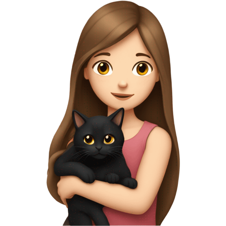 Girl with long brown hair holding a black cat emoji