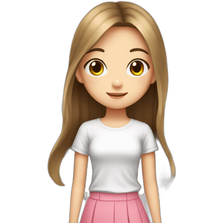 Japanese girl, 16, long hair, white T-shirt, pink miniskirt, shopping mall emoji