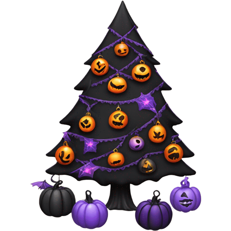 A black Christmas tree with Halloween themed decor emoji