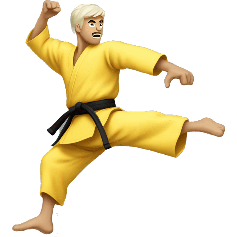 a karate man doing a flying kick mid-air, yellow skin emoji