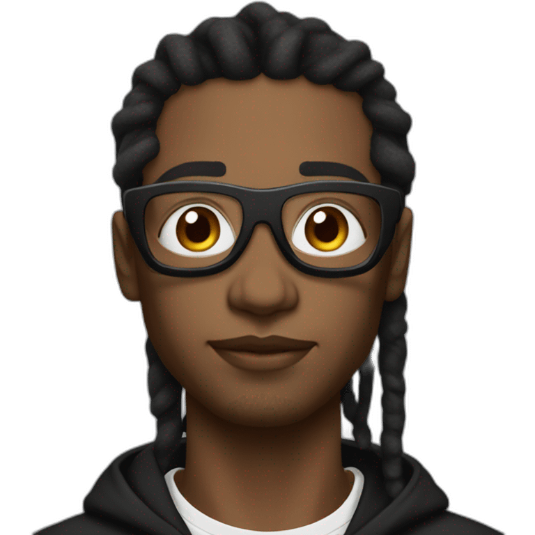 A brown skinned man with high top dreads, white clout goggles, a septum nose piercing, and is wearing a black hoodie.  emoji