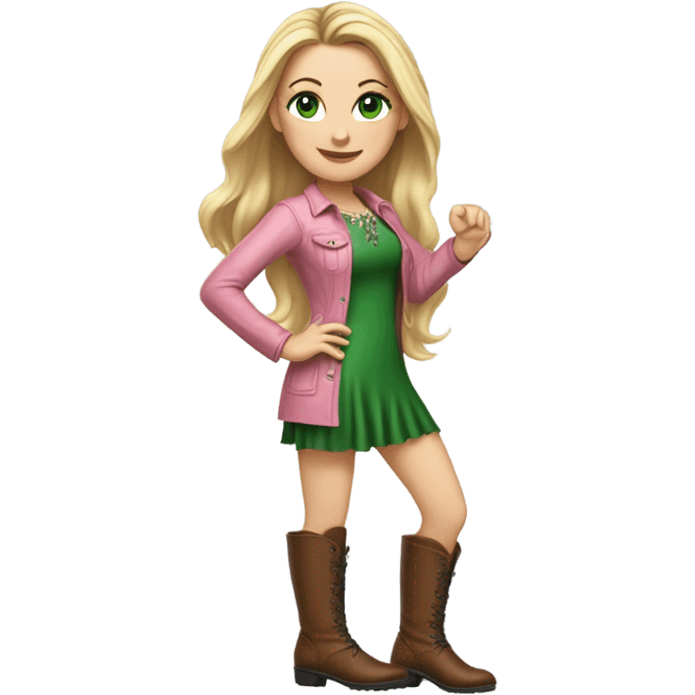 Realistic White girl with Long straight blonde hair, green eyes, tattoos, full body wearing pink dress and Brown knee-high leather boots, dancing emoji