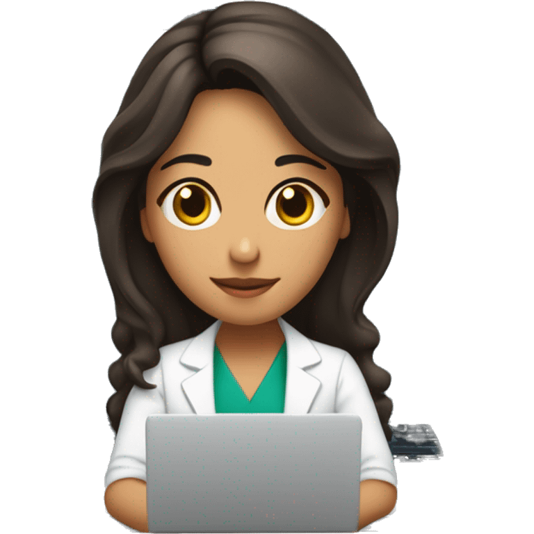 Mujer morena cabello liso medico con una laptop y su hija blanca con cabello enredado  emoji