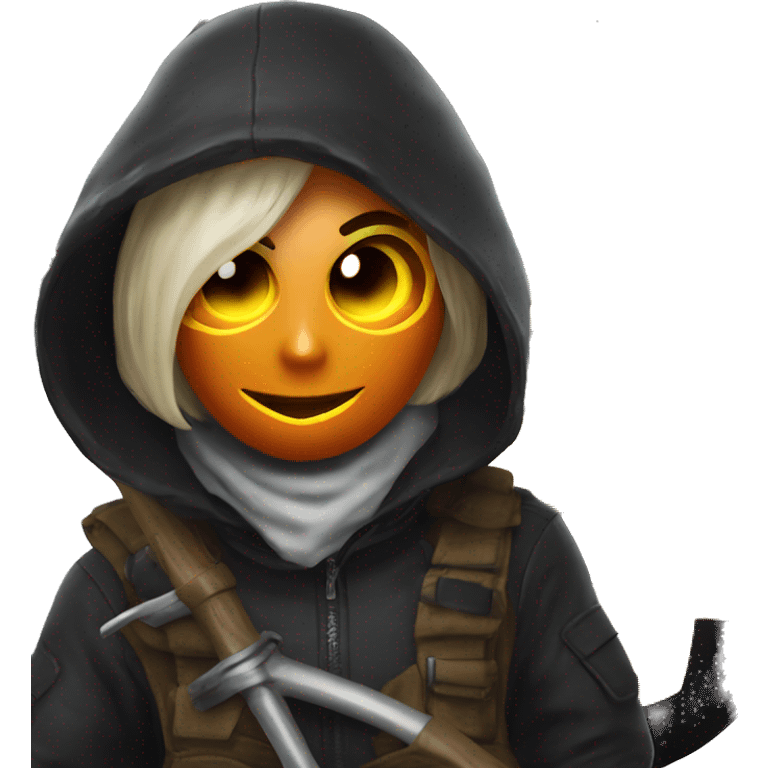 Human female pumpkin hunter with a scythe, glowing pumpkin eyes inside a black helmet, Halloween theme, emoji" emoji