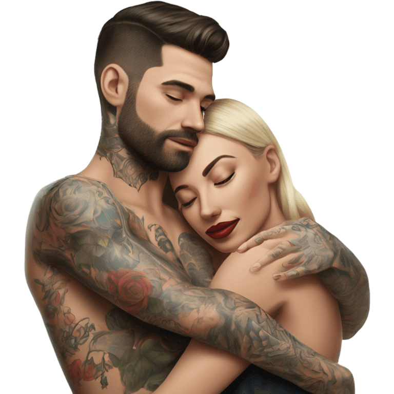 Hyper Realistic beautiful woman in the arms of a very handsome tattooed man kissing  emoji