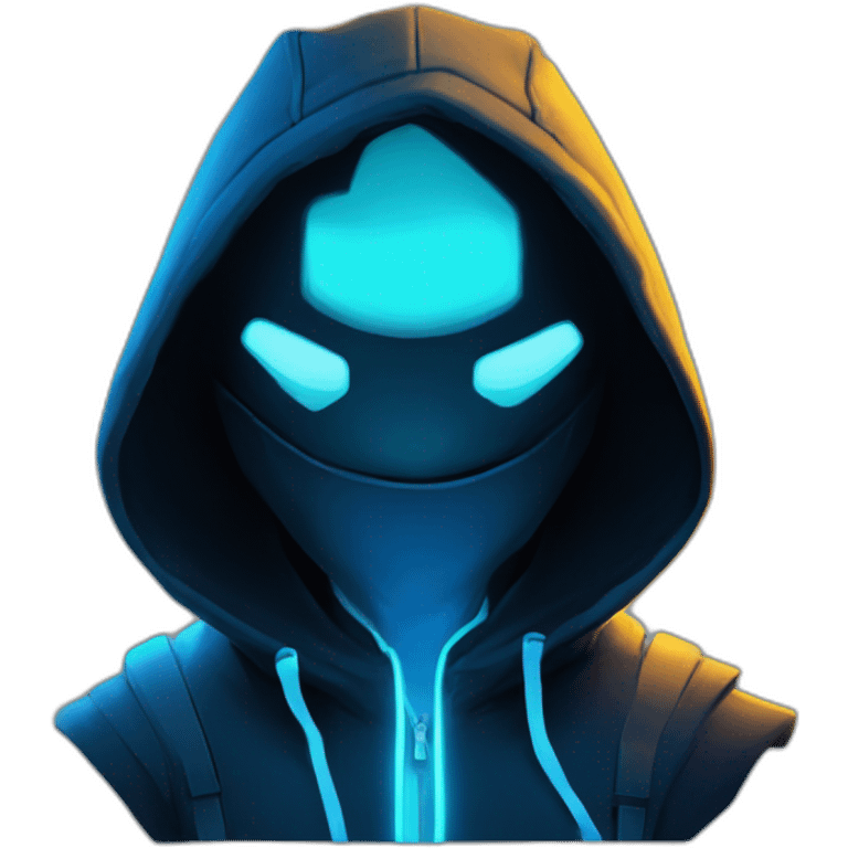 developer behind his laptop with this style : Riot Games Valorant neon glowing bright blue character blue black hooded hacker themed character emoji