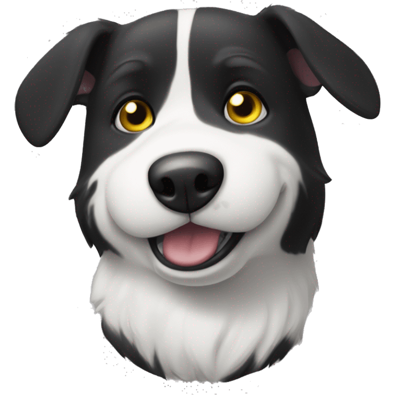 Black and white dog with one slightly floppy ear, and one year higher. She has a yellow collar with a round tag. Her mouth is closed. emoji