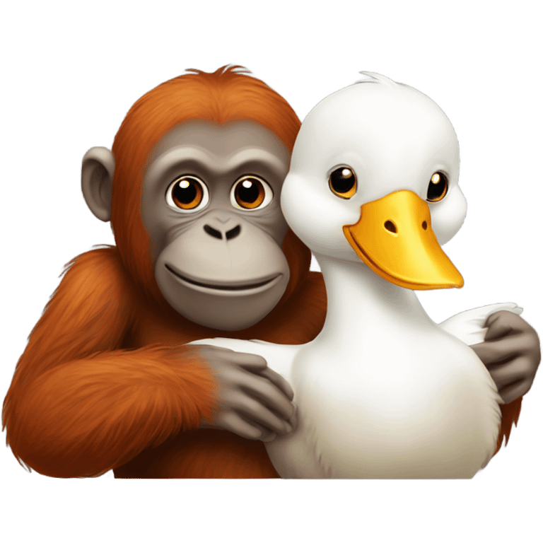 Orangutan monkey and white duck cuddling together  emoji