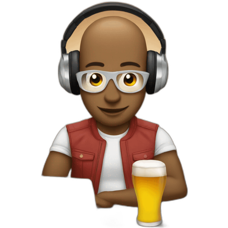 Bald Dj behind dj desk with a beer emoji