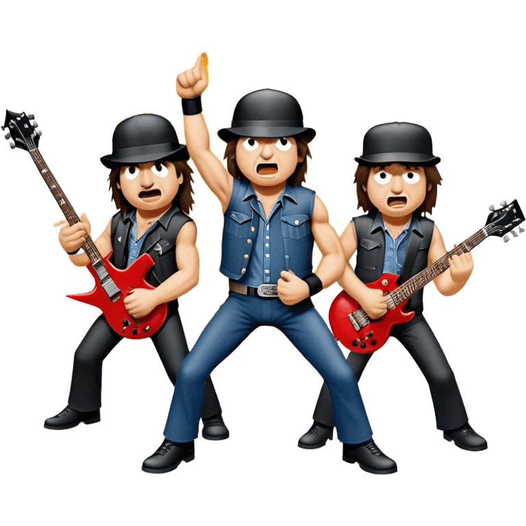 Cinematic Realistic AC/DC Band Emoji, depicted as a high-energy rock ensemble with electrifying stage presence and gritty textures, rendered with bold vibrant lighting that captures the raw power and rebellious spirit of their music. emoji