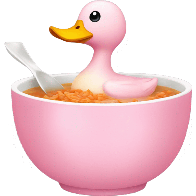 A pink duck with a bow in a bowl of soup emoji