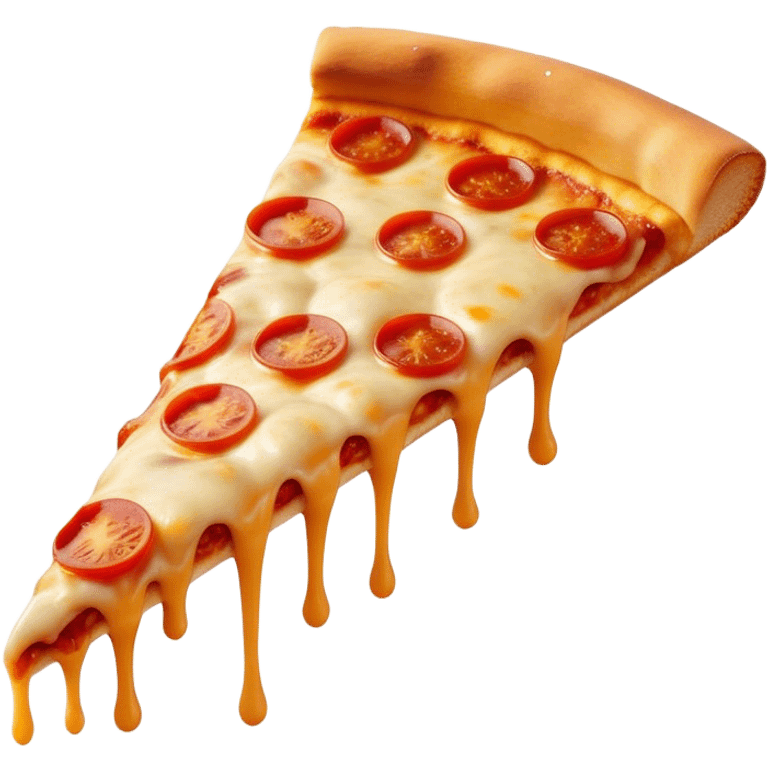 Cinematic cheesy pizza slice, gooey melted cheese stretching as a bite is taken, crispy golden crust, rich tomato sauce, vibrant toppings, warm glowing background, inviting and delicious. emoji