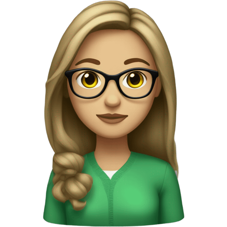 Girl with green eyes and lashes and Longbob Brown Hair and dark blond highlights and she wears glasses emoji