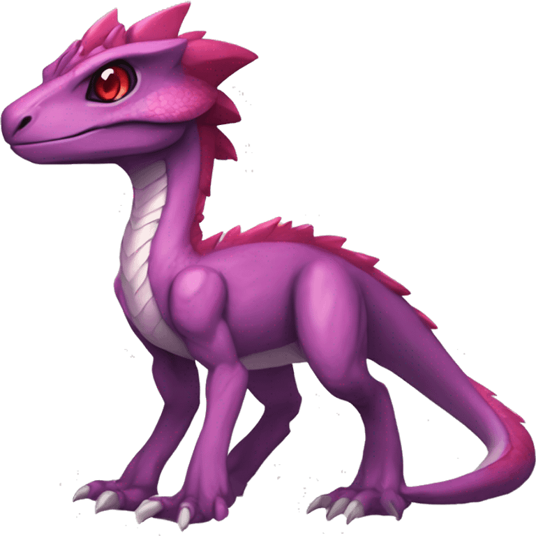 Chibi-Anthro Mauve-maroon-red-colored edgy anthro-genesect-velociraptor-scalie-sona-Fakémon-hybrid with a purple-pink mane on head and back and horns full body emoji