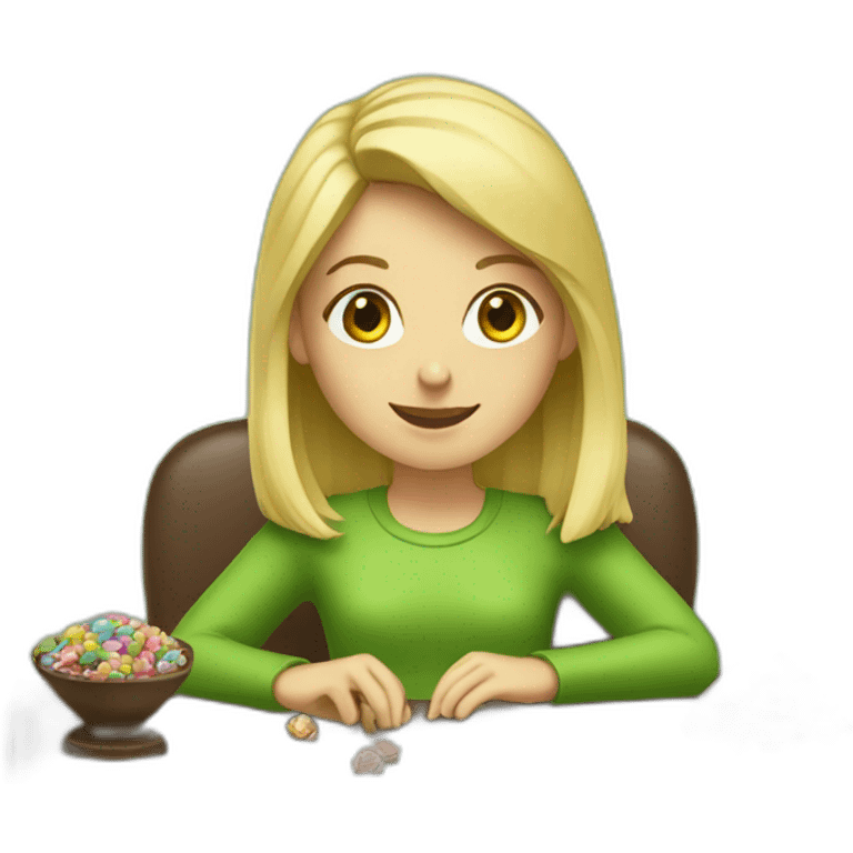 Girl with blonde hair sitting at a desk wrapping chocolate candies with solid green background emoji